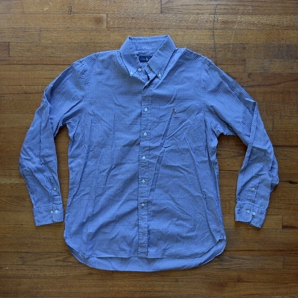 Ralph Lauren Gingham Button Down Flesh Pony Logo Long Sleeve‎ Blue Size 16 - Picture 1 of 7